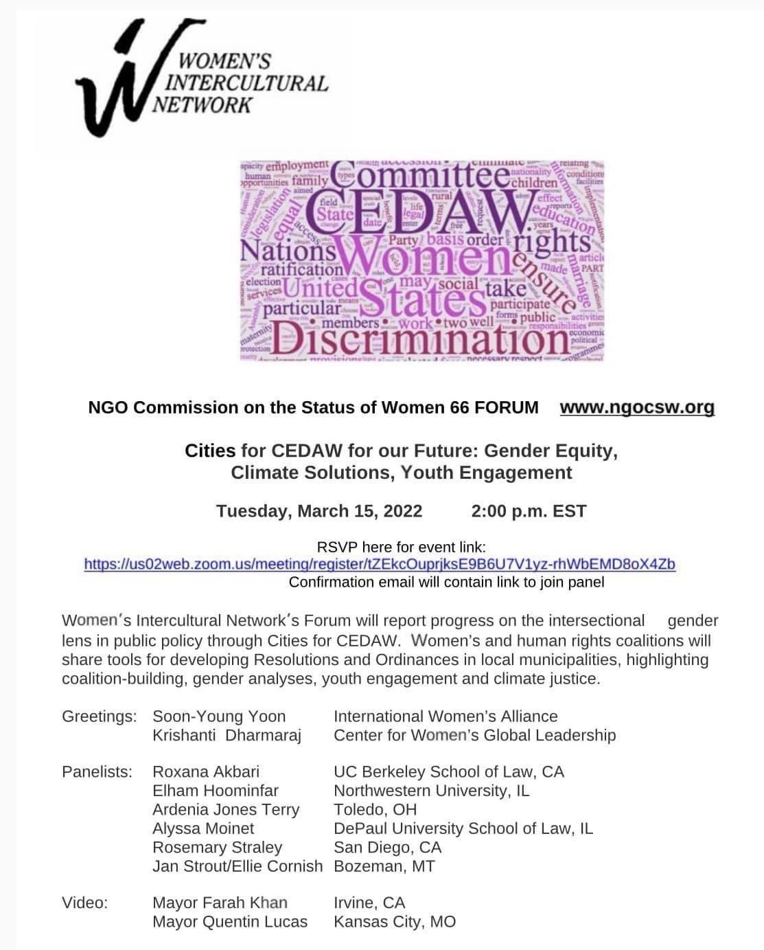 March 15, 20222, NGOCSW66 “Cities for CEDAW Future: Gender Equity, Climate Solutions and Youth Engagement”