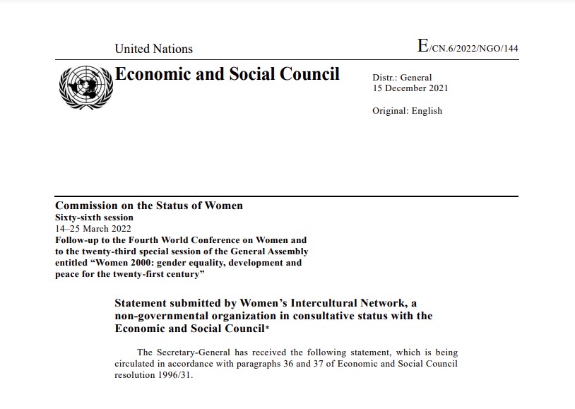 Statement submitted by Women’s Intercultural Network, a non-governmental organization in consultative status with the Economic and Social Council